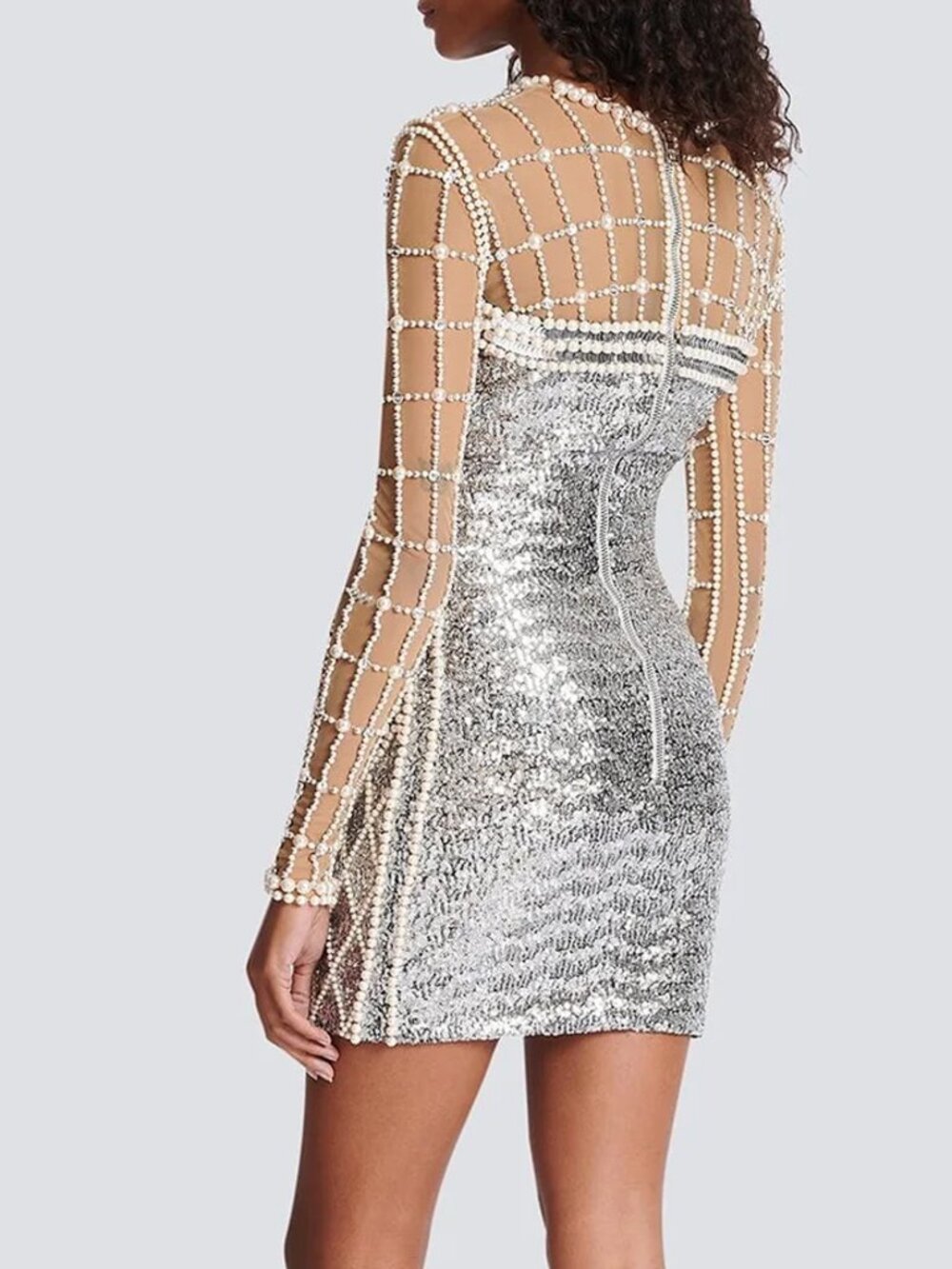 Balmain Pearl and Crystal Embellished Sequin Mini Dress Silver Size FR 38 US 6 - Picture 2 of 14